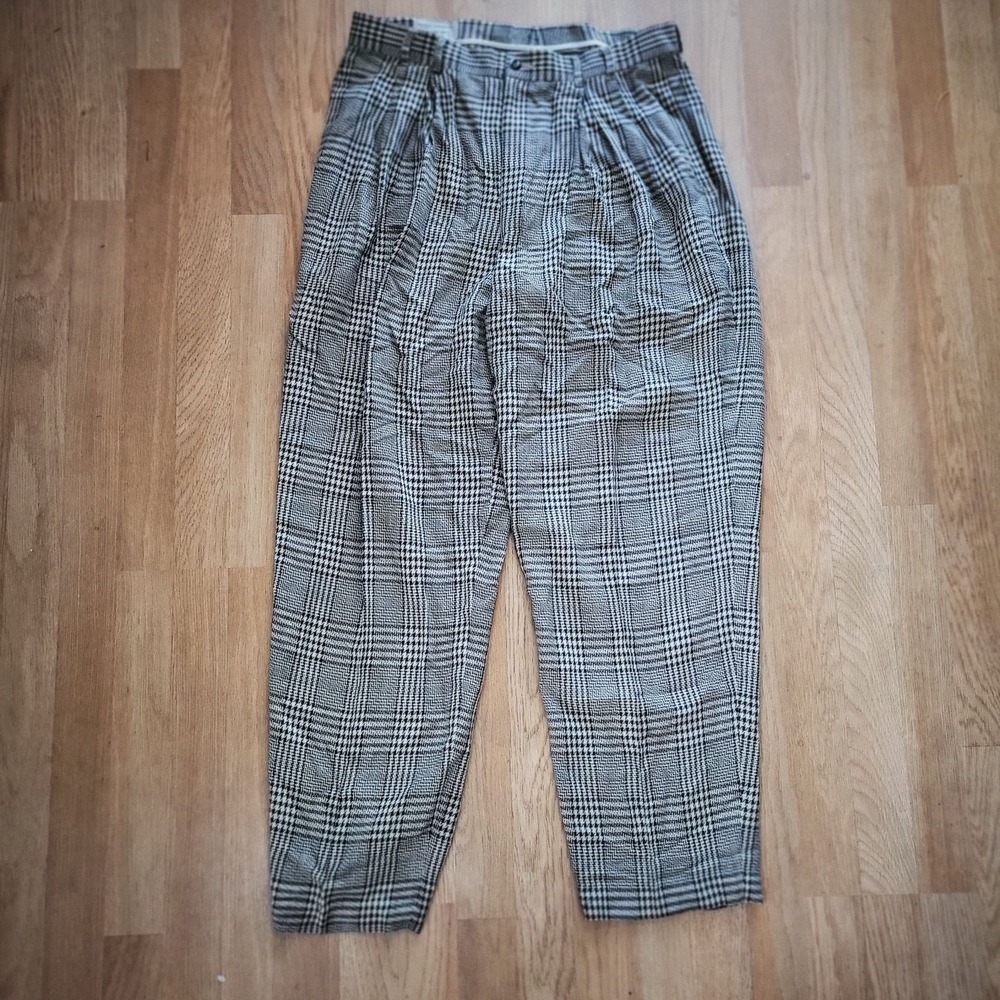 Vintage 90s Index Men Plaid Pleated Pants 34x33 Rayon‎ Silk Blend - Picture 2 of 7